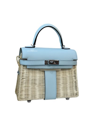 Hermes Kelly Picnic Mini Fauve Wicker Bag Light Blue 20CM 524047