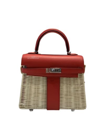 Hermes Kelly Picnic Mini Fauve Wicker Bag Red 20CM 524051