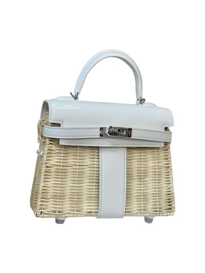 Hermes Kelly Picnic Mini Fauve Wicker Bag White 20CM 524049