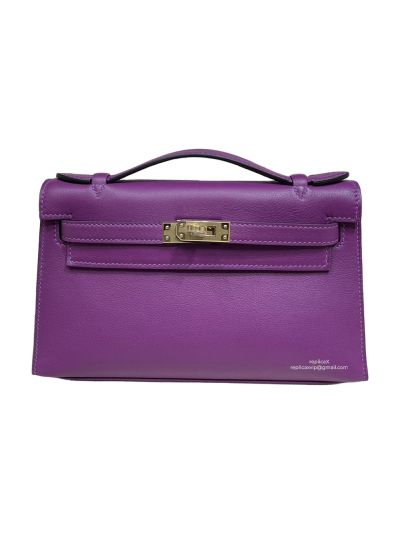 Hermes Kelly Pochette Clutch Anemone Purple Swift Leather 22CM 524054