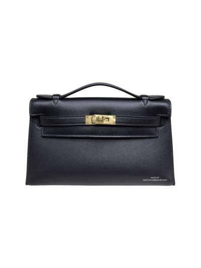 Hermes Kelly Pochette Clutch Black Swift Leather 22CM 524055