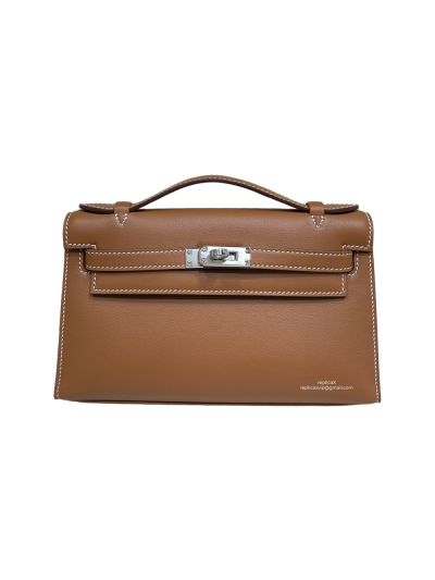 Hermes Kelly Pochette Clutch Brown Swift Leather 22CM 524056
