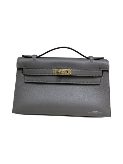 Hermes Kelly Pochette Clutch Dark Gray Swift Leather 22CM 524057