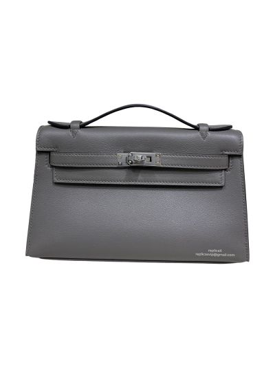 Hermes Kelly Pochette Clutch Dark Grey Swift Leather 22CM 523921