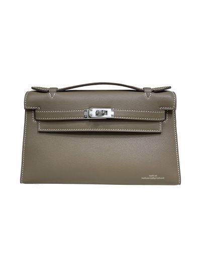 Hermes Kelly Pochette Clutch Gray Swift Leather 22CM 523922
