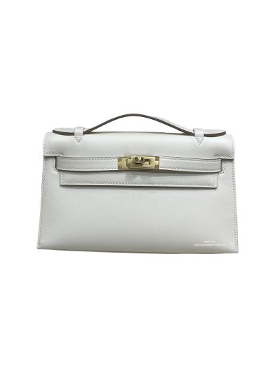 Hermes Kelly Pochette Clutch White Swift Leather 22CM 523924