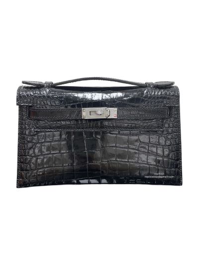 Hermes Kelly Pochette Crocodile Leather Bag Black 22CM 523925