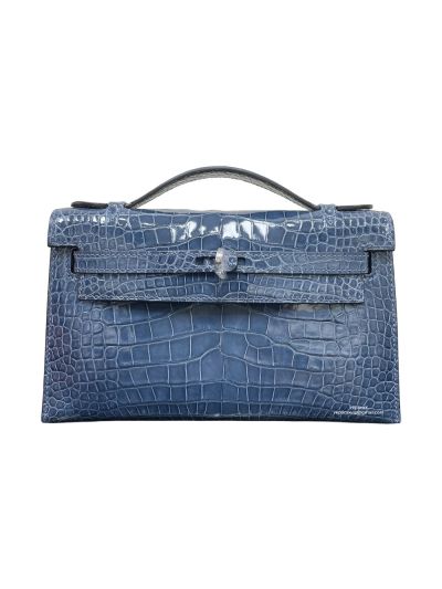 Hermes Kelly Pochette Crocodile Leather Bag Blue 22CM 523929