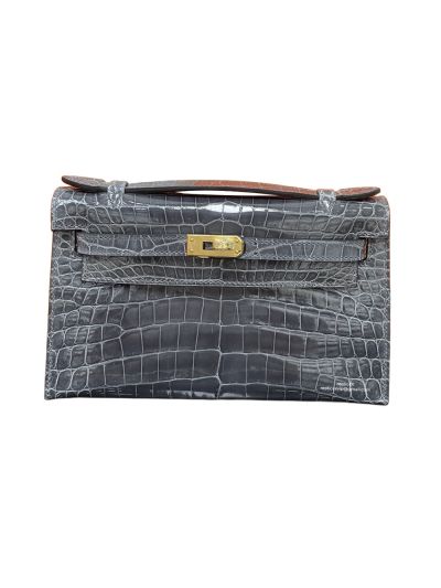 Hermes Kelly Pochette Crocodile Leather Bag Dark Gray 22CM 523927