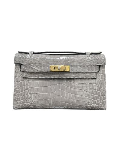 Hermes Kelly Pochette Crocodile Leather Bag Gray 22CM 523926