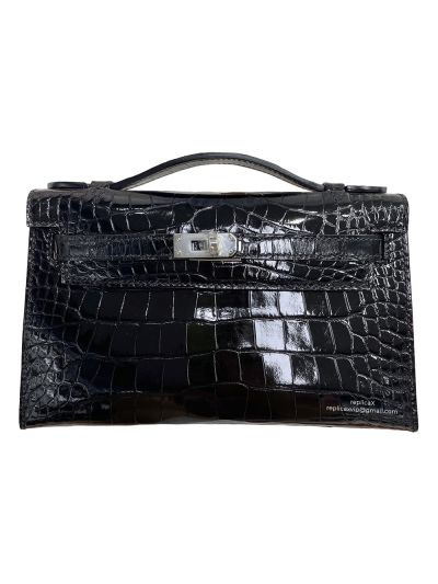 Hermes Kelly Pochette Mini Black Alligator Crocodile Bag 22CM 523943