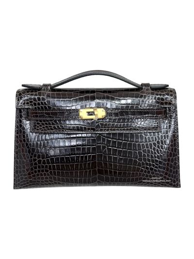 Hermes Kelly Pochette Mini Dark Brown Alligator Crocodile Bag 22CM 523957