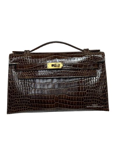 Hermes Kelly Pochette Mini Drk Brown Alligator Crocodile Bag 22CM 523958