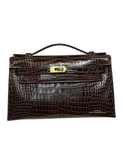 Hermes Kelly Pochette Mini Dark Brown Alligator Crocodile Bag 22CM 524812