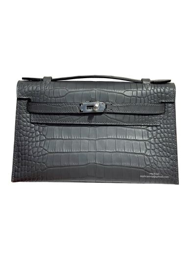 Hermes Kelly Pochette Mini Dark Gray Alligator Crocodile Bag 22CM 523960