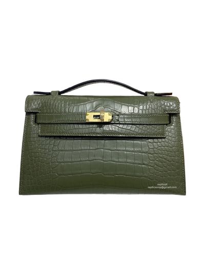 Hermes Kelly Pochette Mini Green Alligator Crocodile Bag 22CM 524016