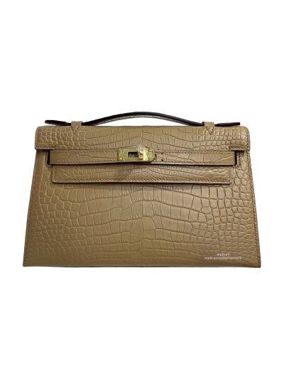 Hermes Kelly Pochette Mini Khaki Alligator Crocodile Bag 22CM 523841