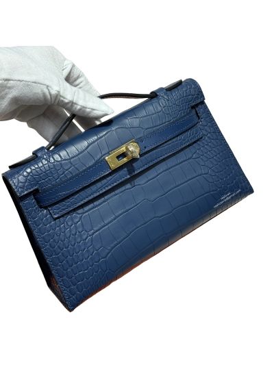Hermes Kelly Pochette Mini Navy Blue Alligator Crocodile Bag 22CM 523851