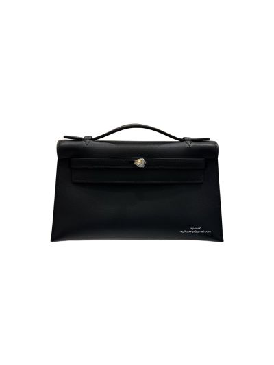 Hermes Kelly Pochette Vert Fizz Swift Leather Clutch Bag Black 524565