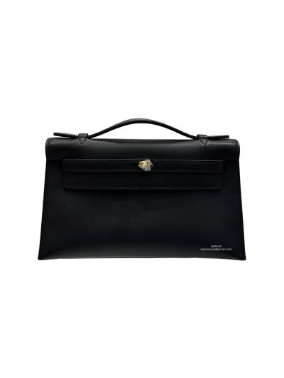 Hermes Kelly Pochette Vert Fizz Swift Leather Clutch Bag Black 22x12x7CM 523869