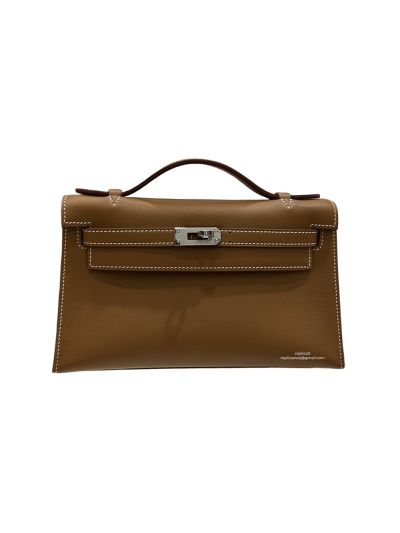 Hermes Kelly Pochette Vert Fizz Swift Leather Clutch Bag Brown 22x12x7CM 523868