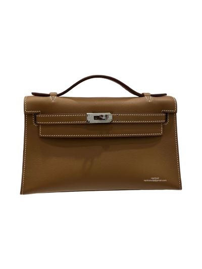  Hermes Kelly Pochette Vert Fizz Swift Leather Clutch Bag Brown 22x12x7CM 524566