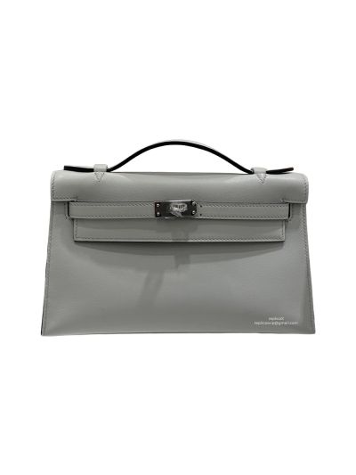 Hermes Kelly Pochette Vert Fizz Swift Leather Clutch Bag Gray 22x12x7CM 523867