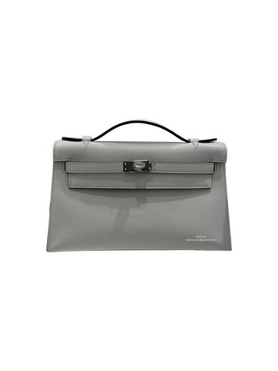 Hermes Kelly Pochette Vert Fizz Swift Leather Clutch Bag Gray 22x12x7CM 524567