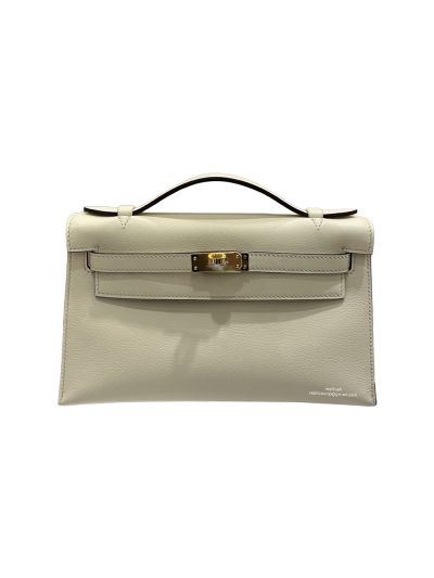 Hermes Kelly Pochette Vert Fizz Swift Leather Clutch Bag Off White 22x12x7CM 523870