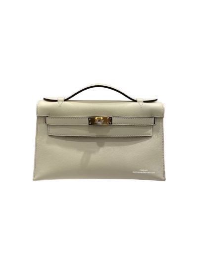 Hermes Kelly Pochette Vert Fizz Swift Leather Clutch Bag Off White 22x12x7CM 524568