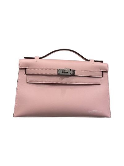 Hermes Kelly Pochette Vert Fizz Swift Leather Clutch Bag Pink 524561