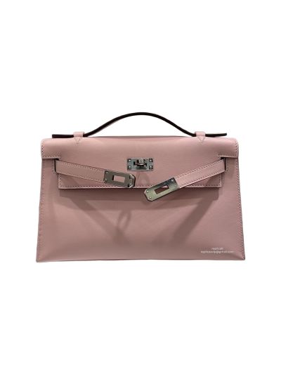 Hermes Kelly Pochette Vert Fizz Swift Leather Clutch Bag Pink 22x12x7CM 523874