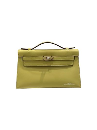 Hermes Kelly Pochette Vert Fizz Swift Leather Clutch Bag Yellow 524563