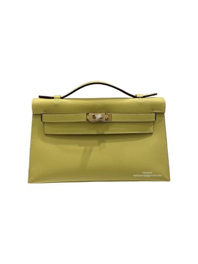 Hermes Kelly Pochette Vert Fizz Swift Leather Clutch Bag Yellow 22x12x7CM 523873