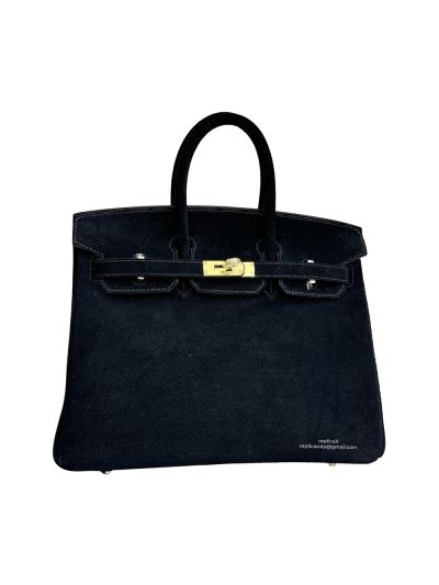 Hermes Limited Edition Birkin 25 Grizzly Suede Leather Tote Bag Black 25CM 523730