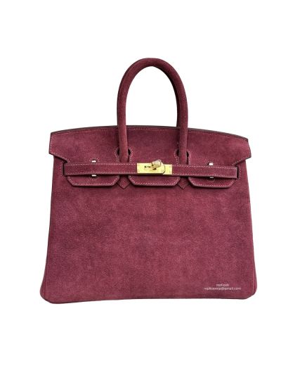 Hermes Limited Edition Birkin 25 Grizzly Suede Leather Tote Bag Burgundy 25CM 523744