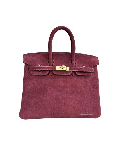 Hermes Limited Edition Birkin 25 Grizzly Suede Leather Tote Bag Burgundy 25CM 524717