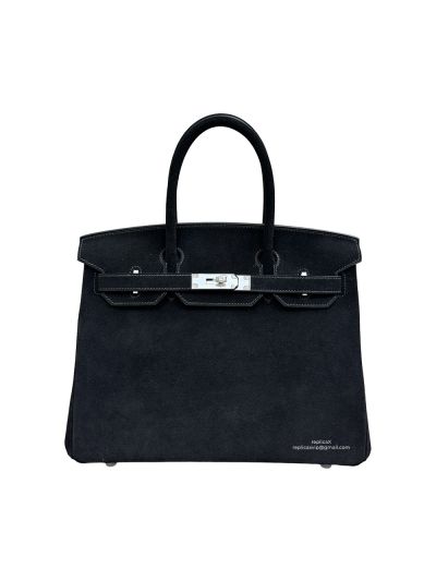 Hermes Limited Edition Birkin 30 Grizzly Suede Leather Tote Bag Black 30CM 523743
