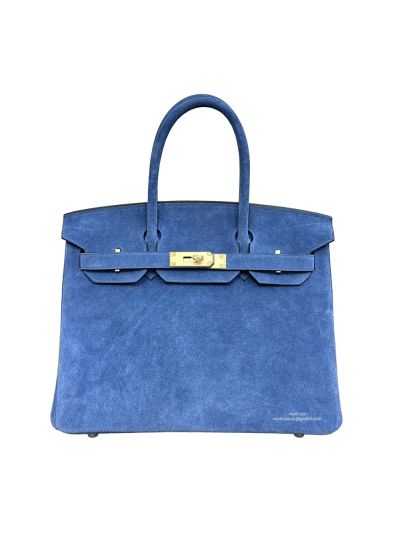 Hermes Limited Edition Birkin 30 Grizzly Suede Leather Tote Bag Blue 30CM 525065