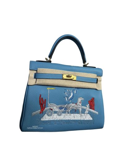 Hermes limited edition Cheval De Bois kelly 25 light blue leather Bag 25CM 524669