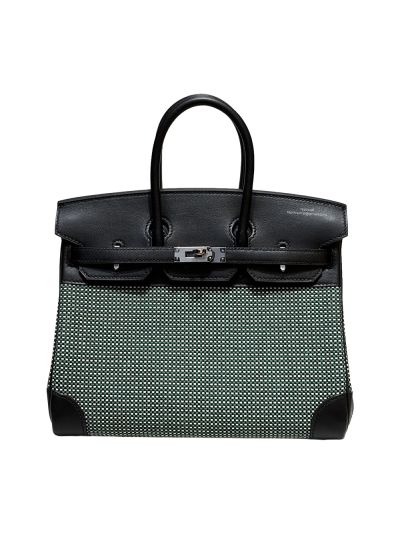 Hermes Limited Edition Rouge Sellier Swift and Framboise and Ecru Toile Quadrille Birkin 25Tote Bag Black Green 25CM 523834