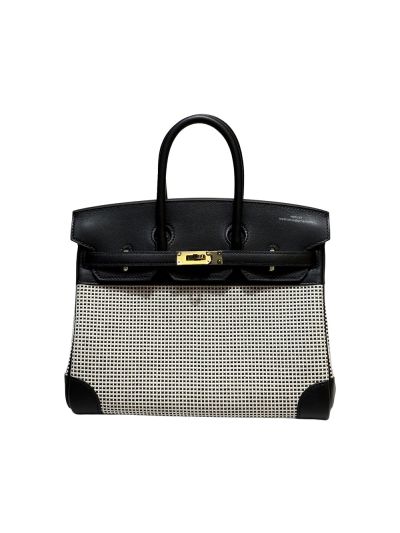 Hermes Limited Edition Rouge Sellier Swift and Framboise and Ecru Toile Quadrille Birkin 25Tote Bag Black White 25CM 523837