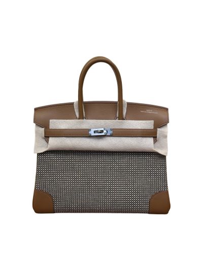 Hermes Limited Edition Rouge Sellier Swift and Framboise and Ecru Toile Quadrille Birkin 25Tote Bag Brown Gray 25CM 523836