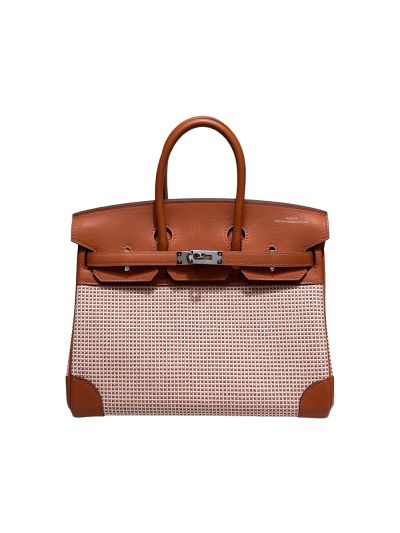  Hermes Limited Edition Rouge Sellier Swift and Framboise and Ecru Toile Quadrille Birkin 25Tote Bag Brown Pink 25CM 523838