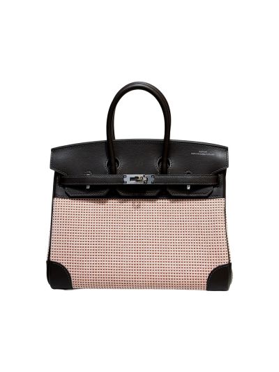 Hermes Limited Edition Rouge Sellier Swift and Framboise and Ecru Toile Quadrille Birkin 25Tote Bag Dark Brown Pink 25CM 523835