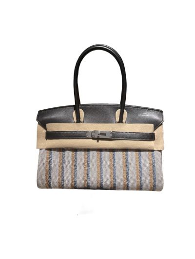  Hermes Limited Edition Shoulder Birkin 29 Canvas Striped and Black leather Top Handle Bag 29CM 523839