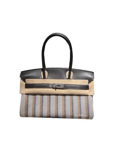 Hermes Limited Edition Shoulder Birkin 29 Canvas Striped and Black leather Top Handle Bag 29CM 524913