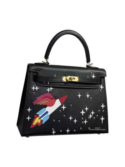 Hermes limited edition Cheval De Bois kelly 25 black leather Bag 25CM 524668