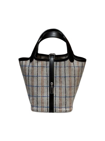 Hermes Lock 18 Bucket Bag Black Gray H Canvas with Swift Calfskin with Couverture Carre Embroidery 18x19x13CM 523493