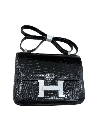Hermes Mini Constance Shiny Alligator Niloticus Crocodile Flap Shoulder Crossbody Bag Black 19CM 525218